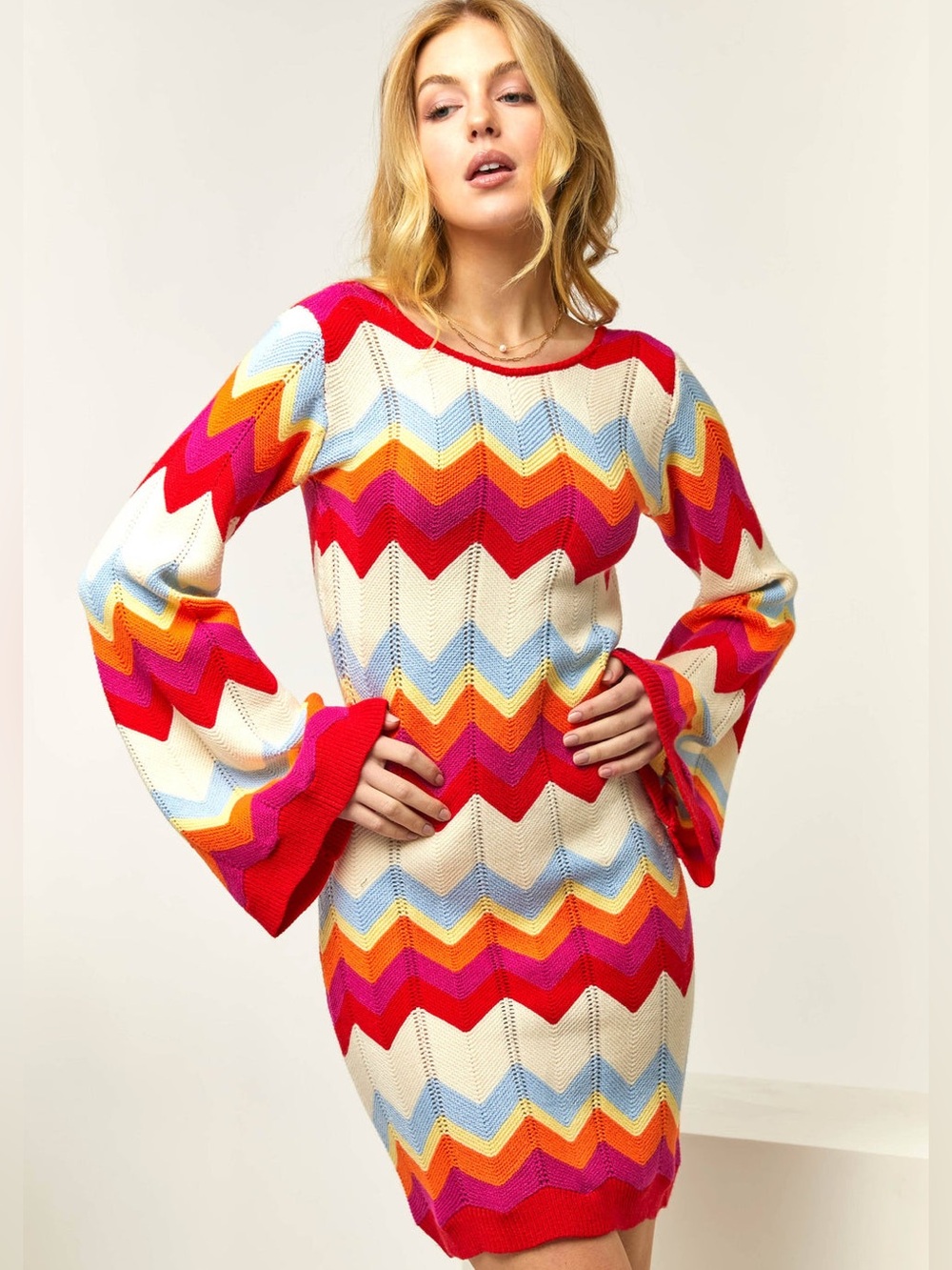 Fore Chevron Knit Dress XL Wide Bell Sleeve Stripe Retro Y2K Boho Festival Rave